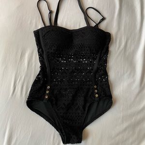 Black one piece swimsuit with lace middle and removable straps